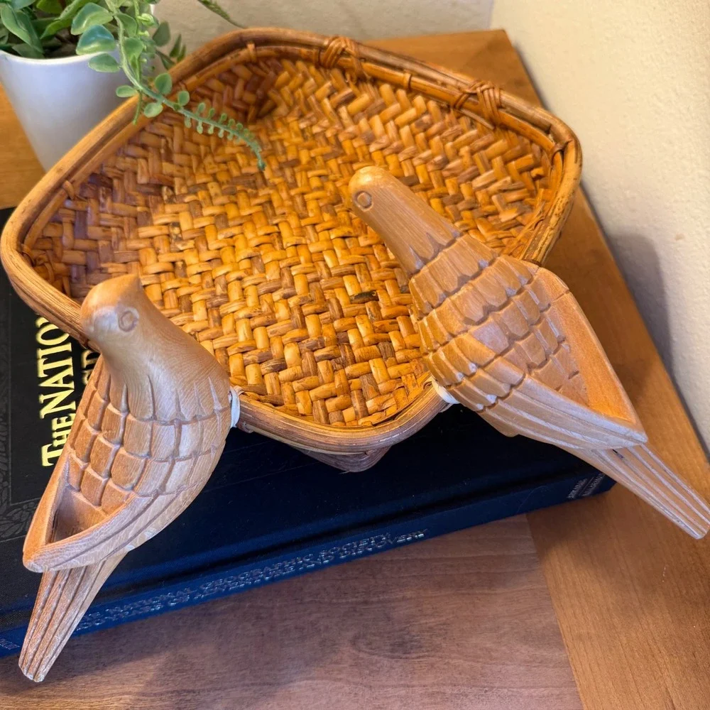 Vtg Splint Ash Square Basket Tray Hand Woven Carved Birds New England 9